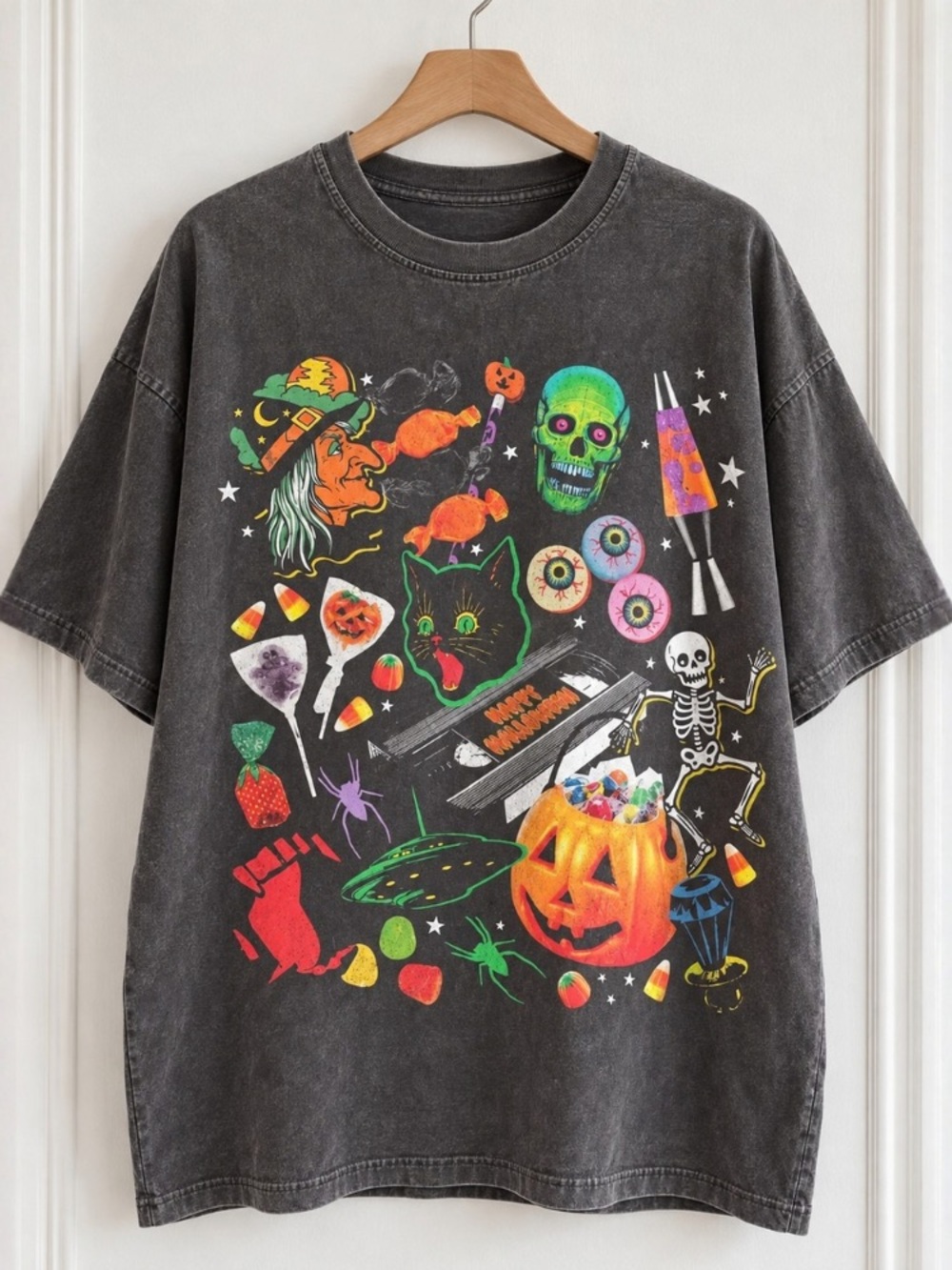 Halloween Witch Skull Black Cat Skeleton Pumpkin Candy T-Shirt